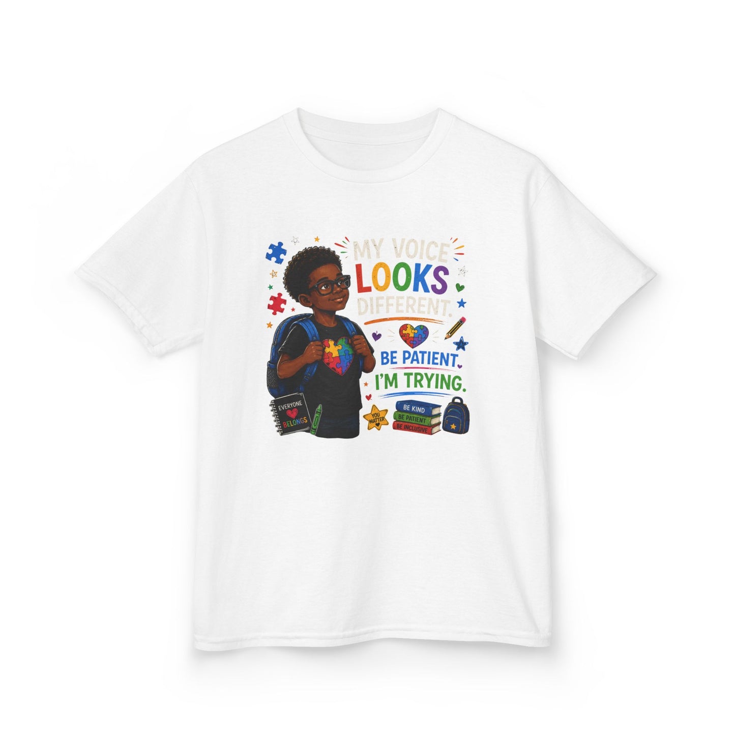 Kids Tee — "My Voice Looks Like This: Be Patient, I'm Trying" Back-to-School Graphic