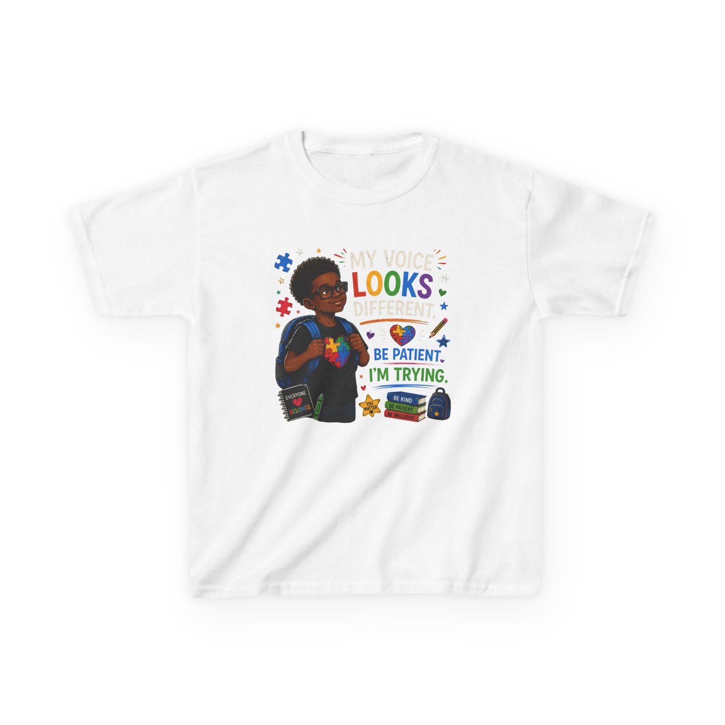 Kids Tee — "My Voice Looks Like This: Be Patient, I'm Trying" Back-to-School Graphic