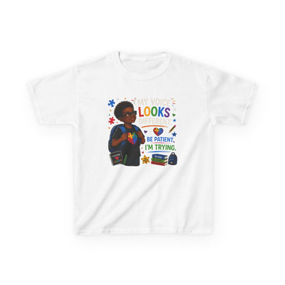 Kids Tee — "My Voice Looks Like This: Be Patient, I'm Trying" Back-to-School Graphic