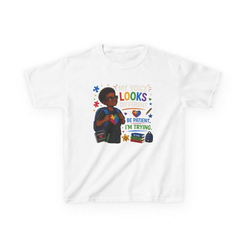 Kids Tee — "My Voice Looks Like This: Be Patient, I'm Trying" Back-to-School Graphic