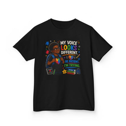 Kids Tee — "My Voice Looks Like This: Be Patient, I'm Trying" Back-to-School Graphic