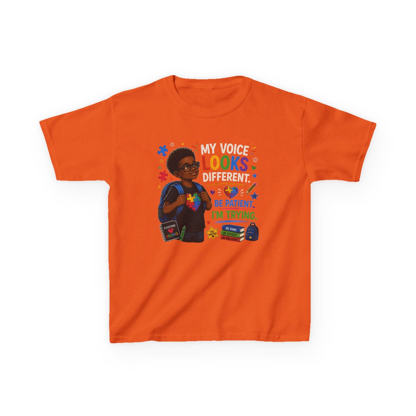 Kids Tee — "My Voice Looks Like This: Be Patient, I'm Trying" Back-to-School Graphic