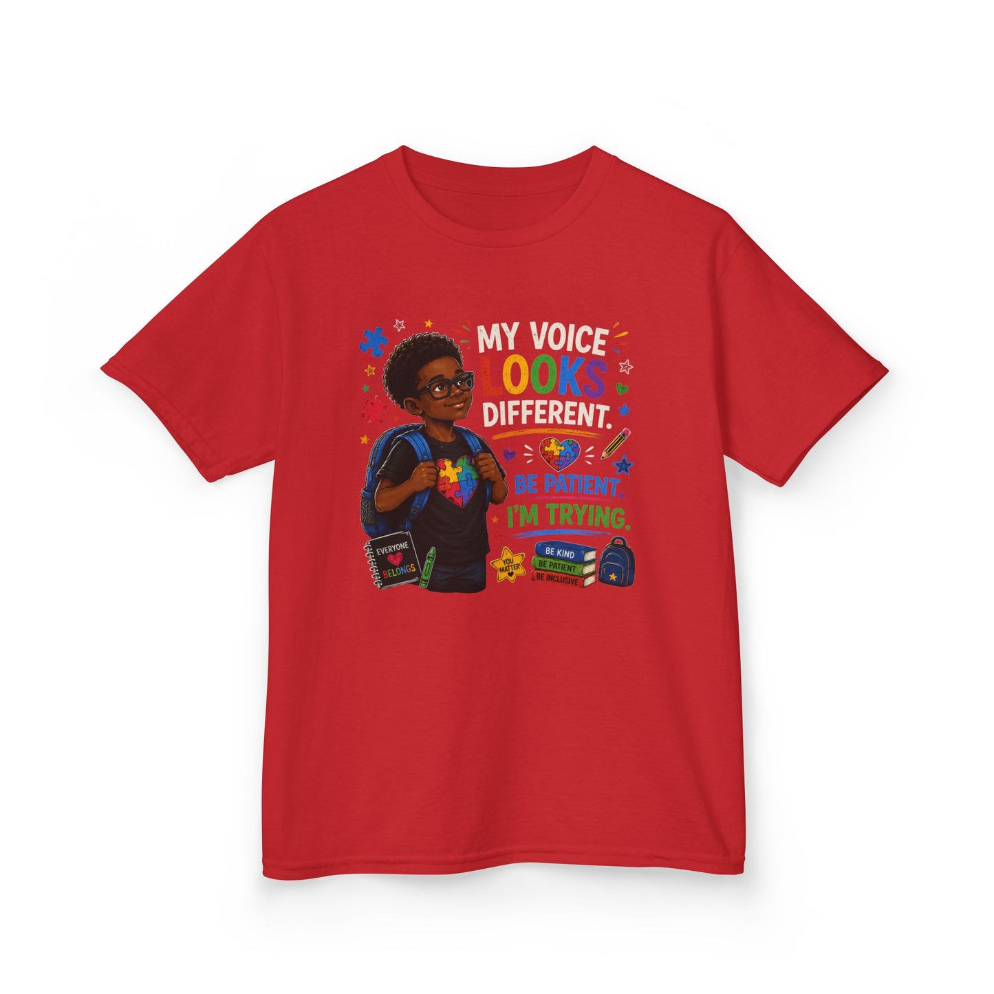 Kids Tee — "My Voice Looks Like This: Be Patient, I'm Trying" Back-to-School Graphic