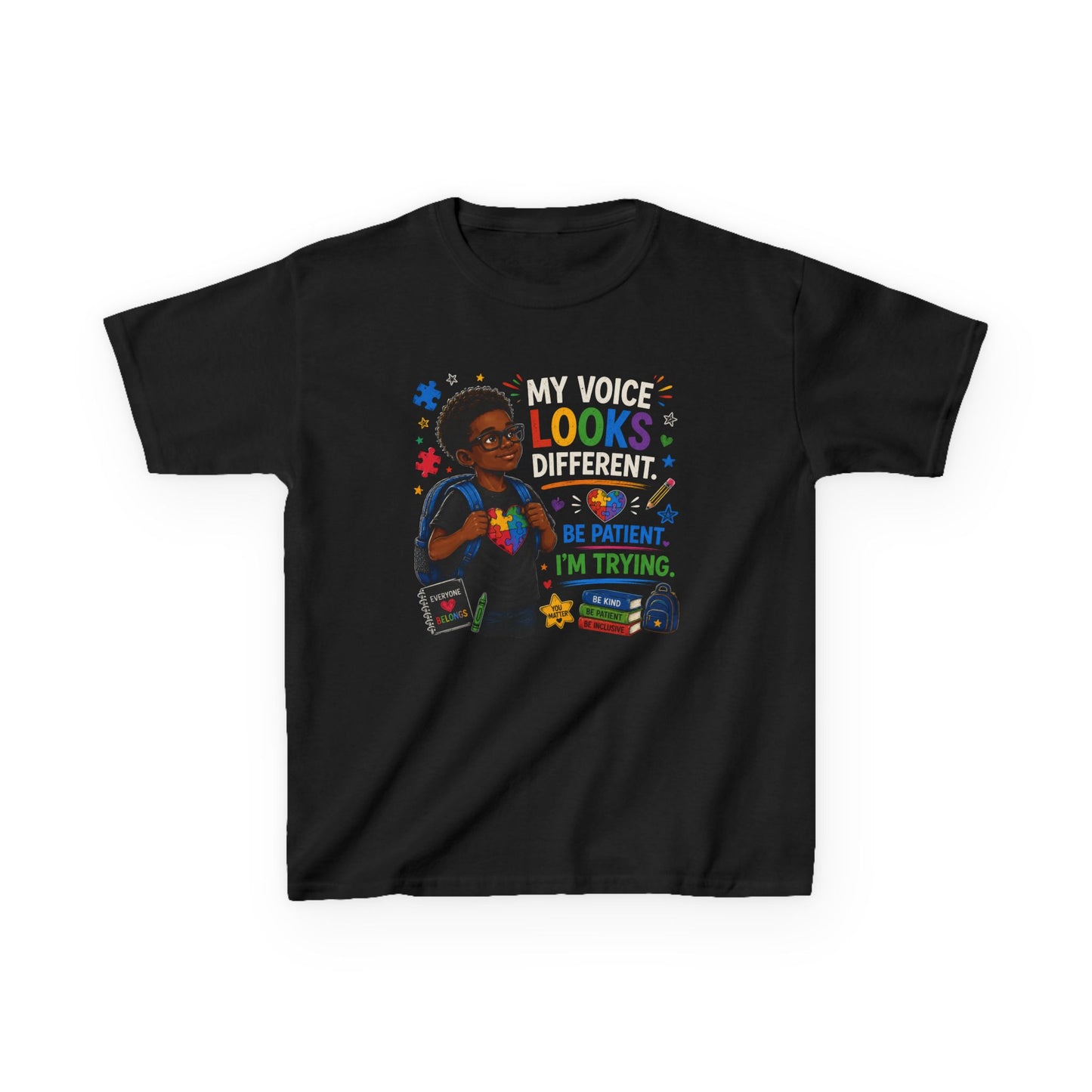 Kids Tee — "My Voice Looks Like This: Be Patient, I'm Trying" Back-to-School Graphic