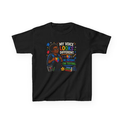 Kids Tee — "My Voice Looks Like This: Be Patient, I'm Trying" Back-to-School Graphic